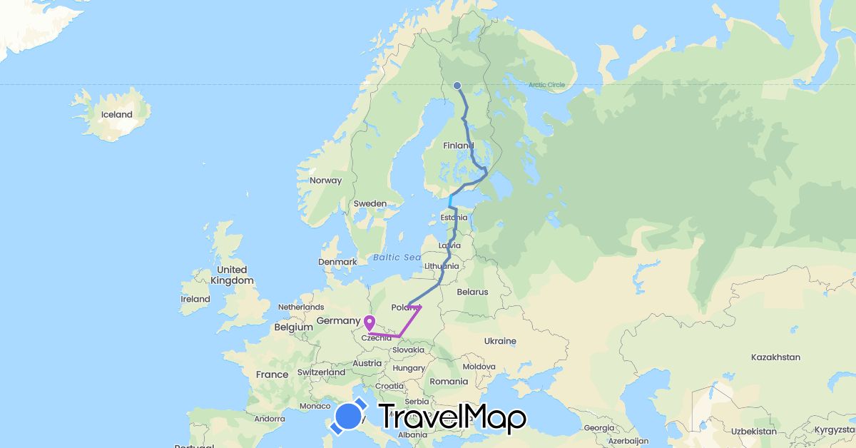 TravelMap itinerary: driving, cycling, train, boat in Czech Republic, Estonia, Finland, Lithuania, Latvia, Poland (Europe)